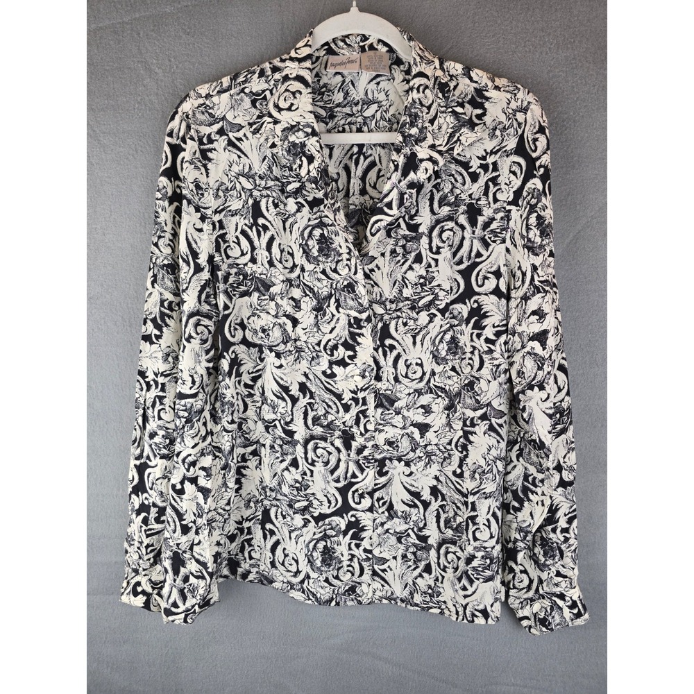 Jacqueline Ferrar Blouse Womens 12 Black White 100% Silk Baroque Floral Scroll